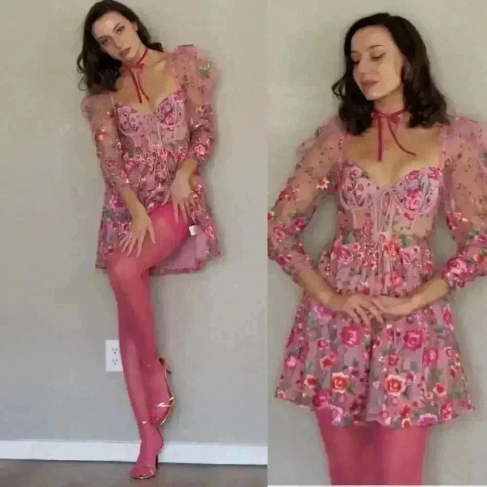 NWT For Love & Lemons Tayla Ruffle Corset Embroidered Puff Sleeve Dress Size XS - Picture 12 of 16
